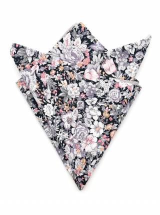 Мужской платок нагрудный (паше) из хлопка двухсторонний черно-серый с цветами