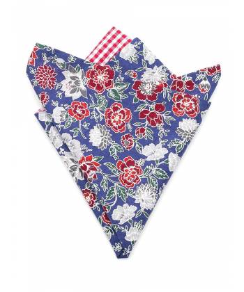 Мужской платок нагрудный (паше) из хлопка двухсторонний сине-бело-красный в клетку с цветами
