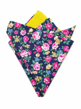 Мужской платок нагрудный (паше) из хлопка двухсторонний сине-желтый с цветами роз
