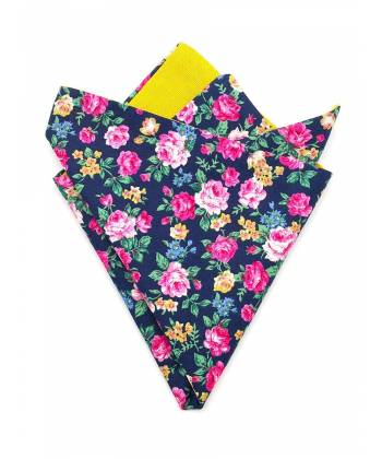 Мужской платок нагрудный (паше) из хлопка двухсторонний сине-желтый с цветами роз
