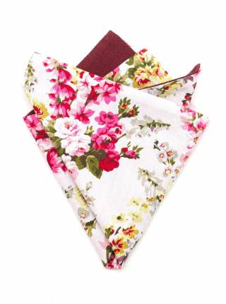 Мужской платок нагрудный (паше) из хлопка двухсторонний бело-бордовый с цветами роз
