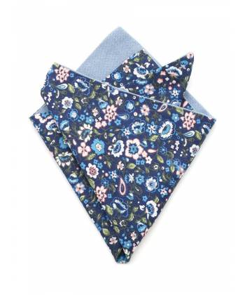 Мужской платок нагрудный (паше) из хлопка двухсторонний сине-голубой с цветами