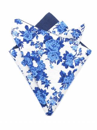 Мужской платок нагрудный (паше) из хлопка двухсторонний бело-синий с цветами