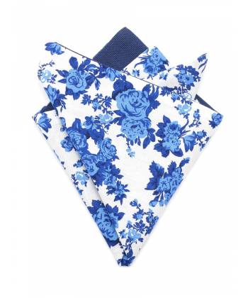 Мужской платок нагрудный (паше) из хлопка двухсторонний бело-синий с цветами
