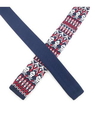 Вязаный галстук темно-синего цвета с красно-белым рисунком череп