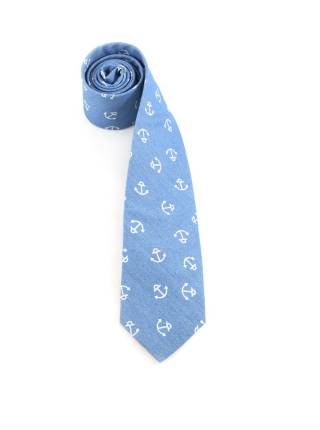 Галстук голубого цвета с якорями (морской галстук) из хлопка