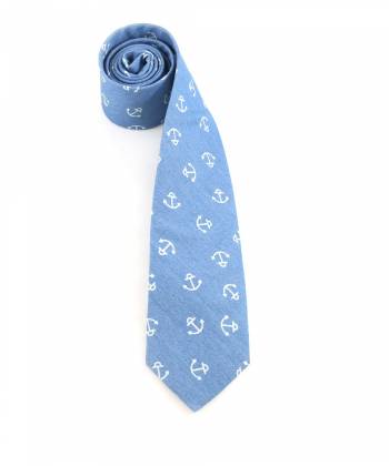 Галстук голубого цвета с якорями (морской галстук) из хлопка