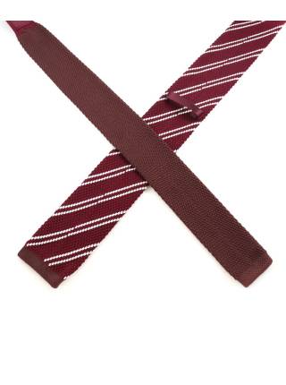 Вязаный галстук бордового цвета в белую полоску