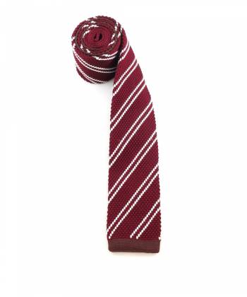 Вязаный галстук бордового цвета в белую полоску