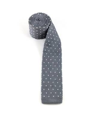 Вязаный галстук серого цвета в белый горошек