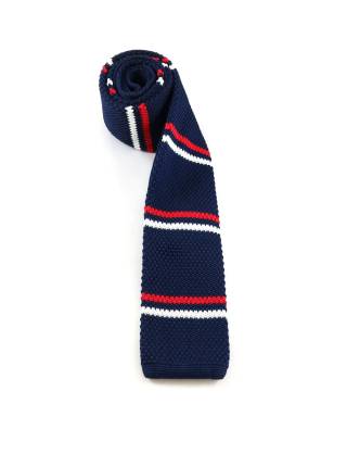 Вязаный галстук синего цвета в красную и белую полоску