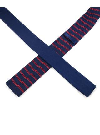 Вязаный галстук синего цвета в красную полоску