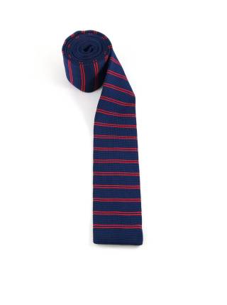 Вязаный галстук синего цвета в красную полоску