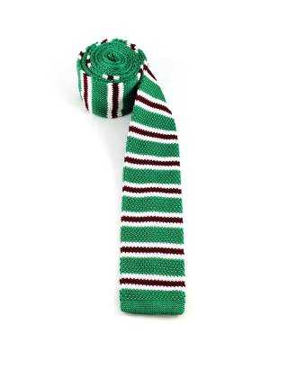 Вязаный галстук зеленого цвета в бело-бордовую полоску