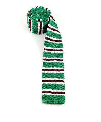 Вязаный галстук зеленого цвета в бело-бордовую полоску