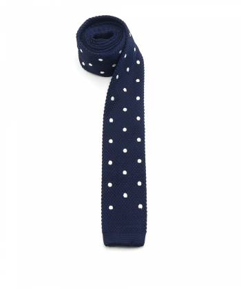Вязаный галстук тёмно-синего цвета в крупный белый горох