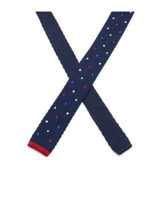 Вязаный галстук тёмно-синего цвета в крупный разноцветный горошек