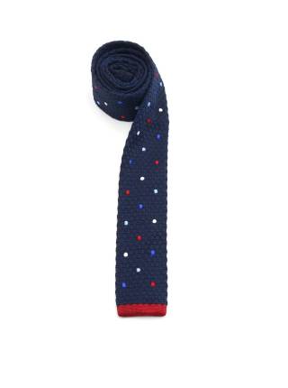 Вязаный галстук тёмно-синего цвета в крупный разноцветный горошек