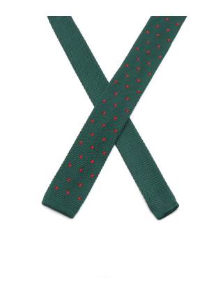 Вязаный галстук тёмно-зелёного цвета в крупный красный горошек