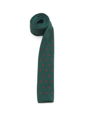 Вязаный галстук тёмно-зелёного цвета в крупный красный горошек