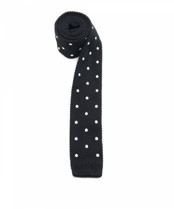 Вязаный галстук чёрного цвета в крупный белый горох