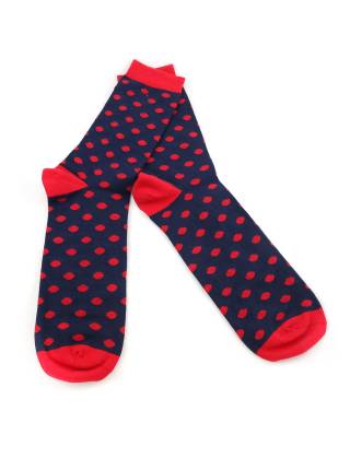 Мужские носки темно-синие в красный горох и красными вставками